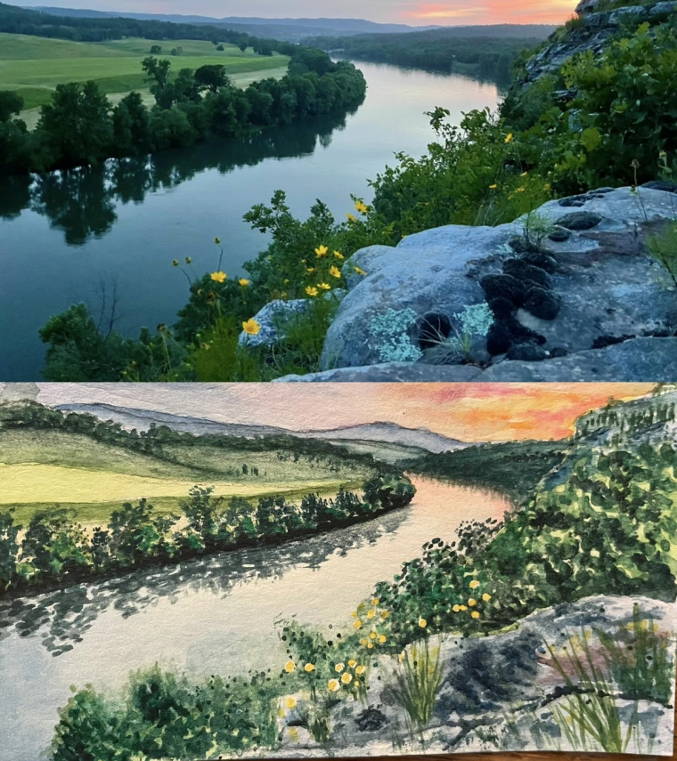 Photo and painting of White River near Calico Rock, Arkansas; painting by Katherine Hudson